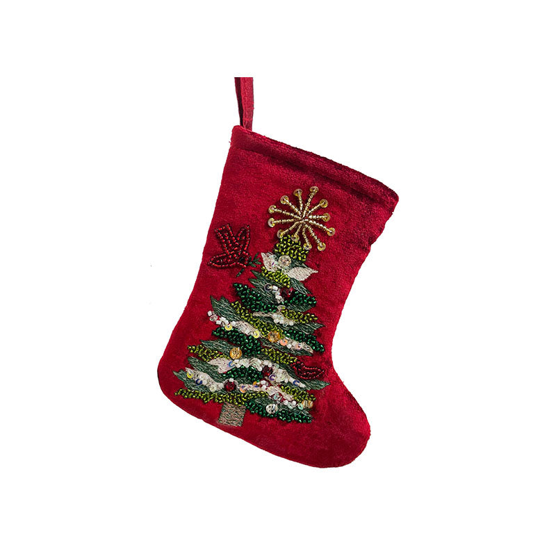Velvet sock with tree deco red 20cm - Disponible en Corinne Regalos