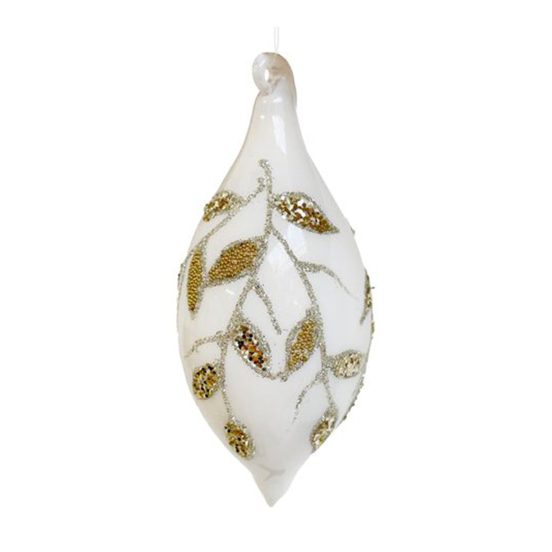 Glass drop shiny white w/gold beads & glitter 12cm - SHISHI - Compralo en CorinneRegalos.com